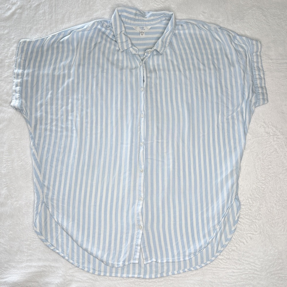 Time And Tru L Blue White Stripe Dolman Button Down Shirt Coastal Oversized